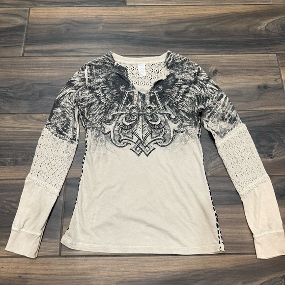 Affliction Tops - Affliction Shirt with Rhinestones and Knitted Shoulders and Arms